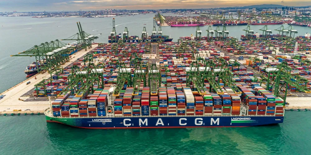 The 23,000-teu containership CMA CGM Jacques Saade (built 2020) at CPLT in Singapore.