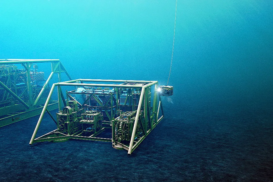 Future field: a rendering depicts one of the two trains that make up Asgard’s subsea compression system (left) alongside an illustration of the technology’s second generation. The next system will maintain the same functionality but will be less than half the size and weight, and will fit inside a standard four-slot production template Image: AKER SOLUTIONS