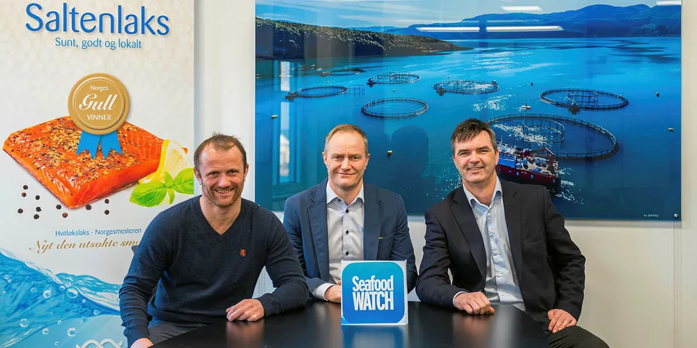 From left to right: Ørjan Wenberg of Wenberg Fiskeoppdrett, Geir Wenberg of Salten Aqua and Roger Øksheim of Edelfarm with Monterey Bay Aquarium's Seafood Watch program logo.