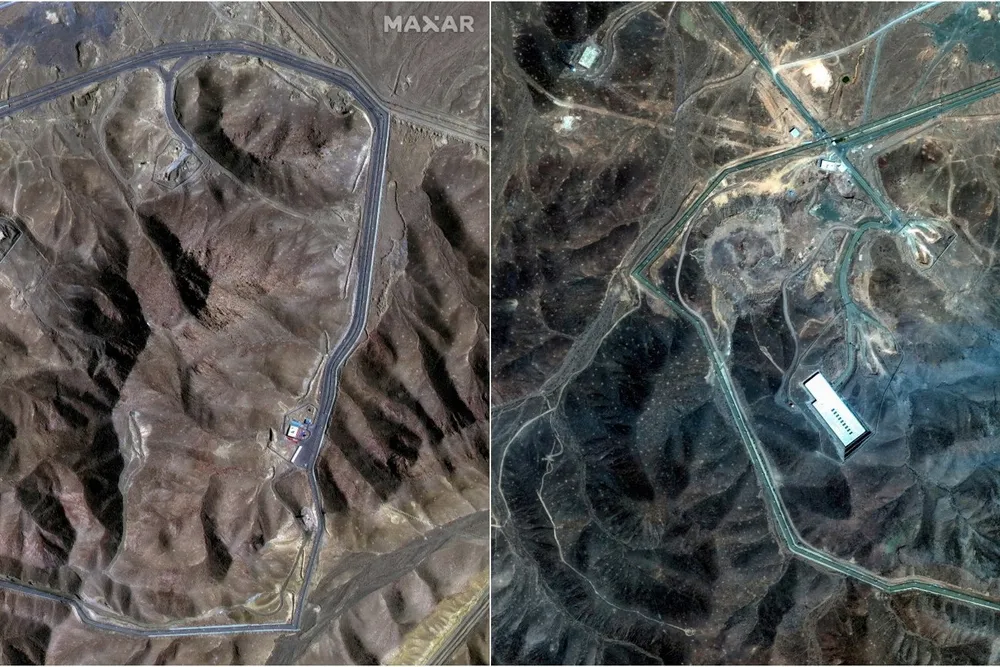 A combination picture shows satellite images over Fordow underground complex, before and after the US struck the underground nuclear facility, near Qom, Iran, on 20 June 2025 (L) and 22 June 2025.