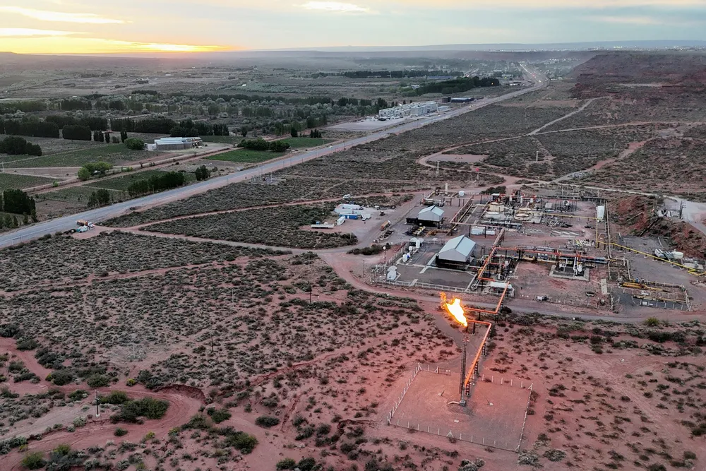 A drone view shows a shale gas flare in the Vaca Muerta formation outside the Patagonian oil and gas town of Anelo, Argentina, in October 2024.