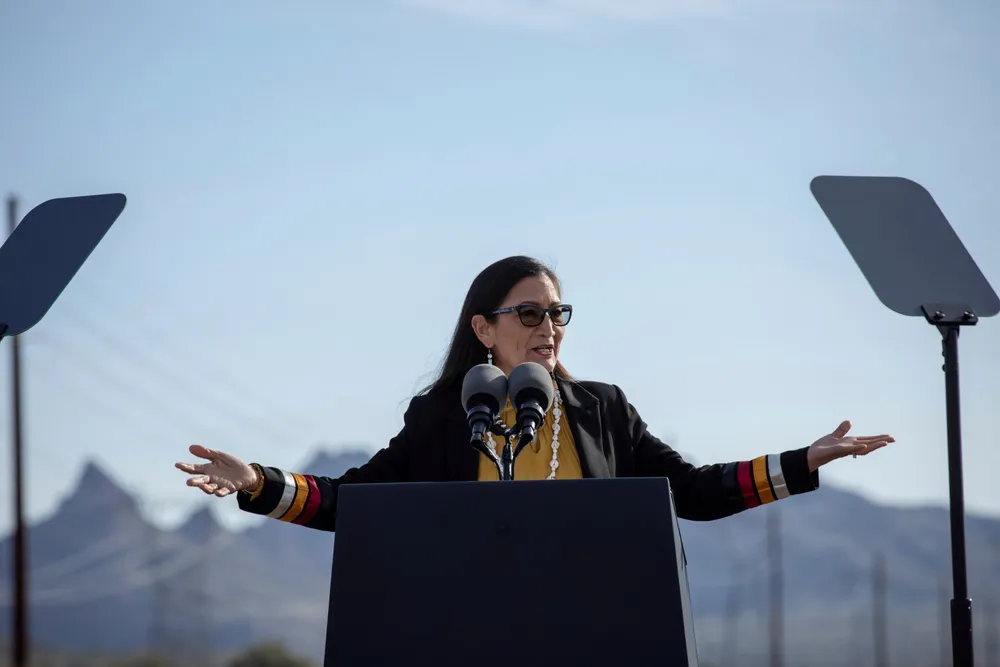 Energy hub: US Interior Secretary Deb Haaland speaking at a ceremony in January