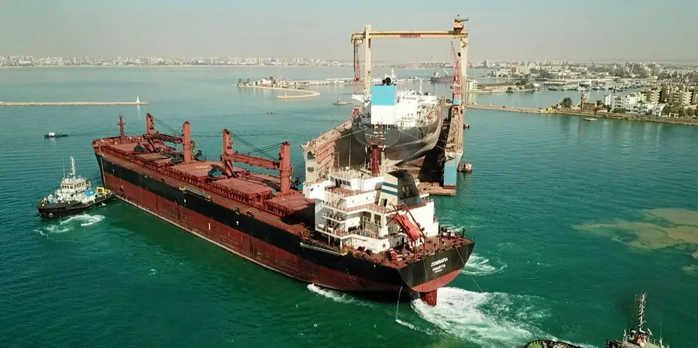 The 56,900-dwt Greek-owned bulker Zografia (built 2010) undergoing repair work at the Suez Shipyard Co after a 16 January Houthi attack in the southern Red Sea.