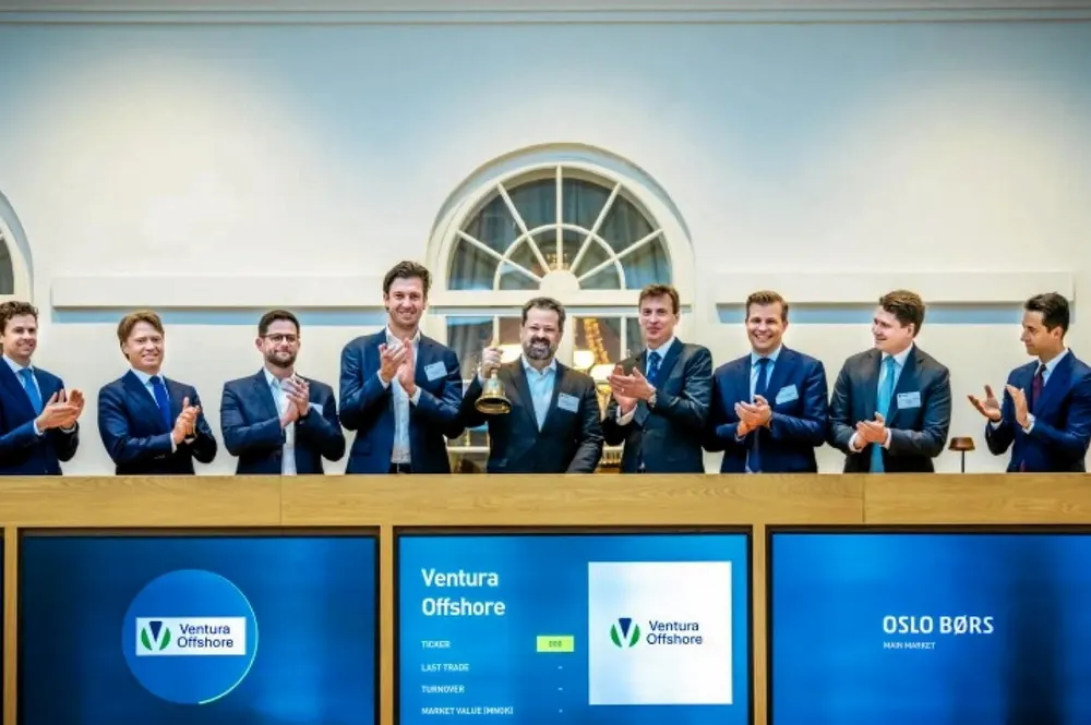 Guilherme Coelho, chief executive of Ventura Offshore, rings the bell at Oslo Bors.