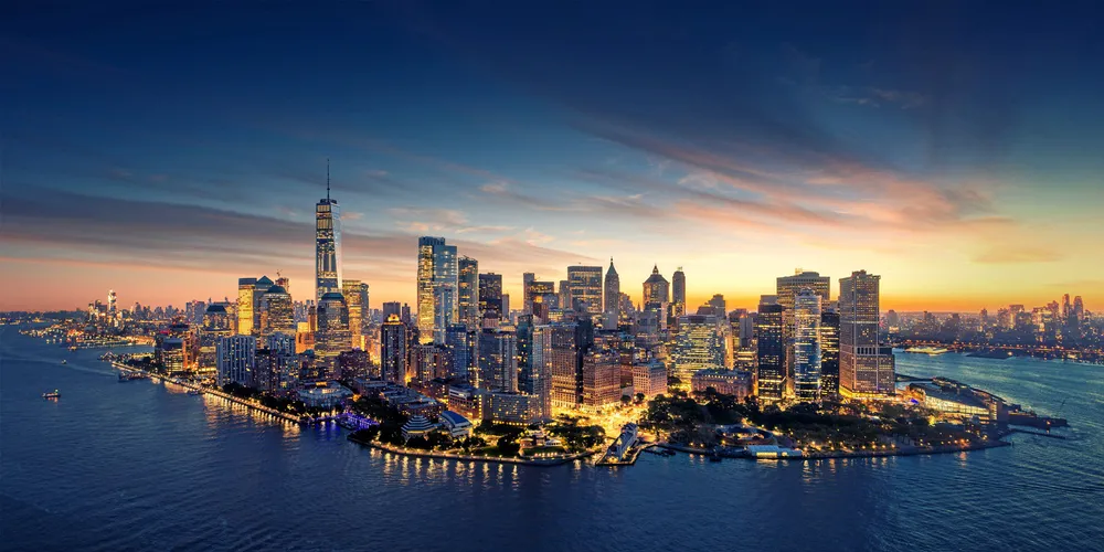 New York City panorama skyline at sunrise.