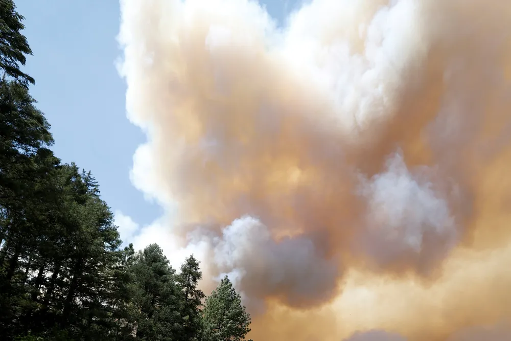 Wildfires: firefighters watch plumes of smoke from wind-driven fires that closed Highway 89 temporarily near the town of Greenville, California