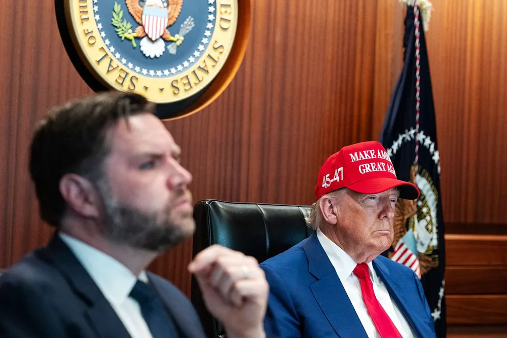 In a photo released by the White House via X, US President Donald Trump (R) and Vice President JD Vance (L) are seen in the Situation Room of the White House on 21 June 2025 in Washington, DC.