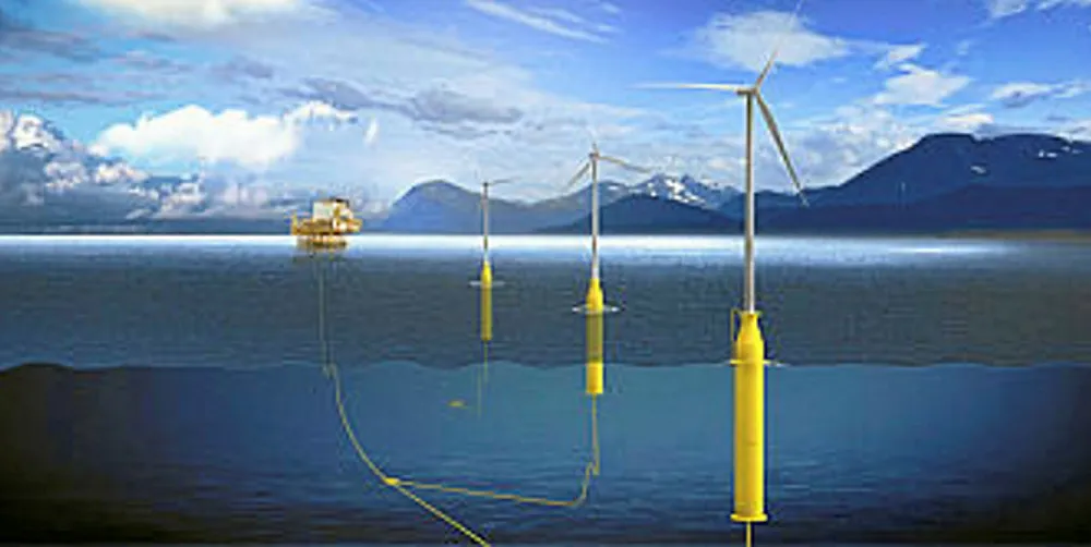 Illustration of the Hywind Tampen array with the spar buoy foundation design
