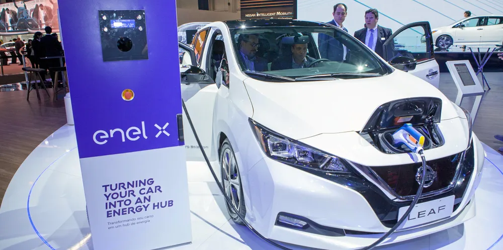 Enel X's vehicle-to-grid (V2G) technology on display at the São Paulo international motor show in 2018.