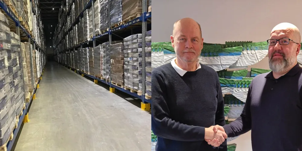 Bildet til venstre viser store mengder fryst fisk på lager, blant annet fra sjømatgiganten Pelagia. Blokaden rammer også både Geir Robin Hoddevik (til venstre) i Global Fish og Darius Beinortas i logistikkfirmaet Uab Vpa Logistics.
