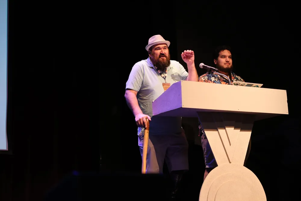 Dallas Smith, spokesperson for the First Nations for Finfish Stewardship (FNFFS) and member of the Tlowitsis First Nation, and Isaiah Robinson, Deputy Chief Councillor, Kitasoo Xai’xais Nation, speak at the BC Salmon Farmers Association annual meeting on June 3.