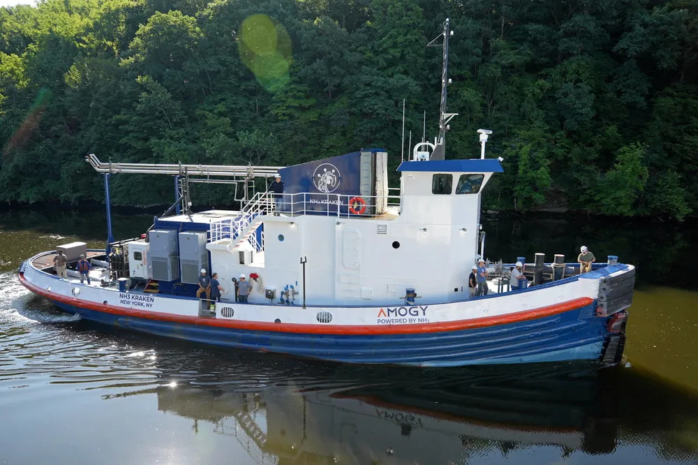 NH3 Kraken, a tugboat retrofitted with Amogy's on-board ammonia cracking technology and fuel cells.