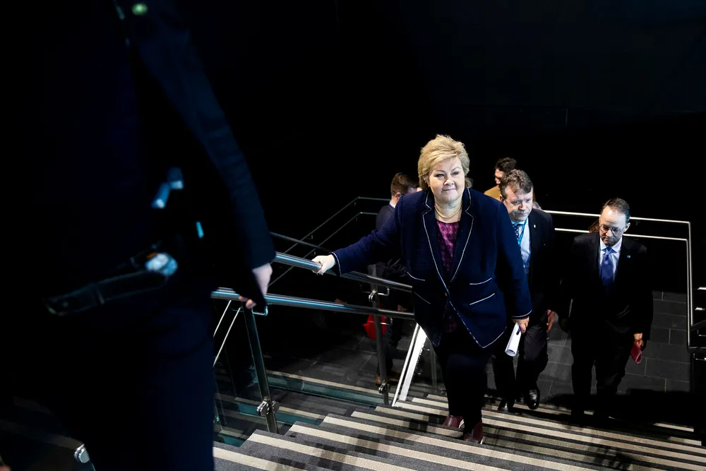 Statsminister Erna Solberg på konferansen Arctic Entrepreneur 2020 på Hotel Clarion på Gardermoen dagen etter at Fremskrittspartiet har bestemt seg for å gå ut av regjeringen.