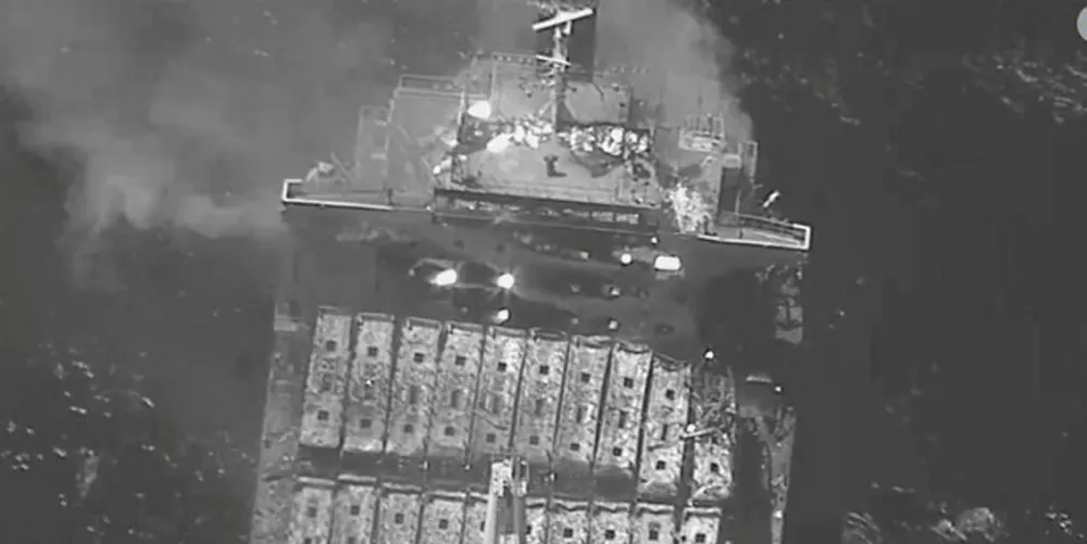 The bulk carrier True Confidence burns after a missile attack by Yemen’s Houthi rebels in the Gulf of Aden.