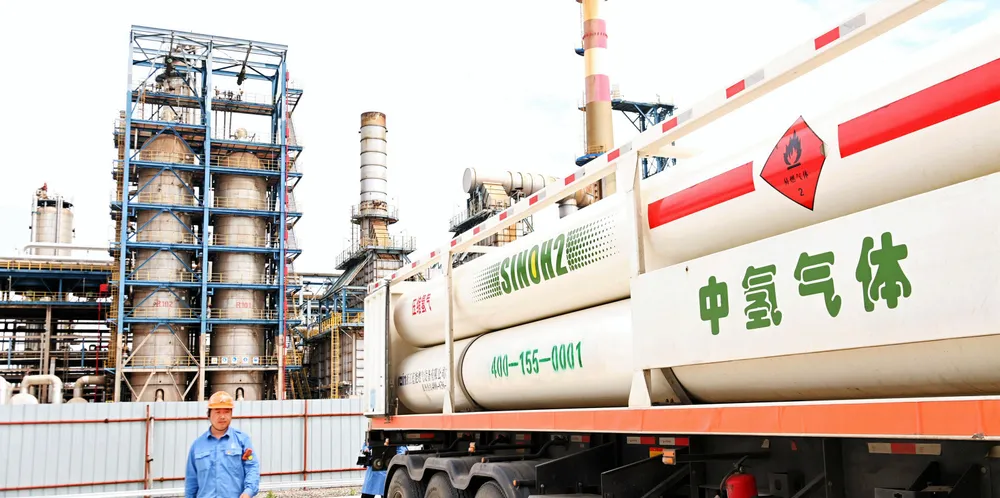 A truck loaded with hydrogen tanks at a Sinopec facility in eastern China.
