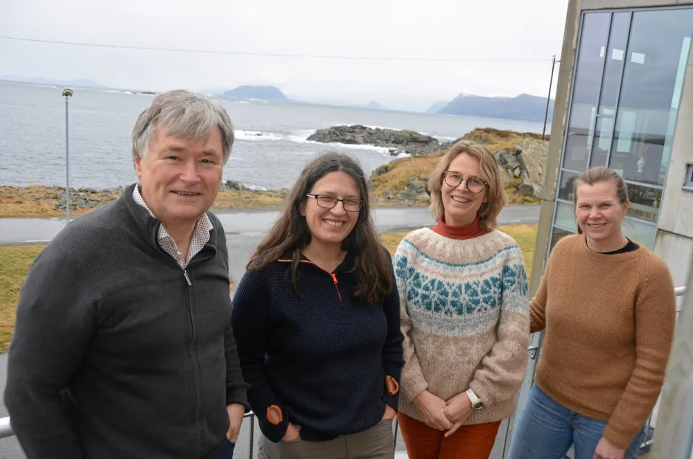 HI-forskere samlet på Runde Miljøsenter for å forske på havvinds sameksistens med fiskeri. Fra venstre: Nils-Roar Hareide, Karen de Jong, Anne Christine Utne Palm og Maria Tenningen.