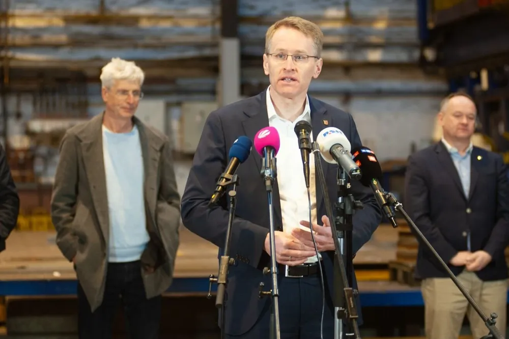 (From left): provisional insolvency administrator Christoph Morgen; Michael Schmidt of IG Metall Flensburg; Daniel Gunther, minister president of Schleswig-Holstein; Thorsten Ronner, managing owner of Ronner Group; and Chas Kelly of SeaRoad Shipping.