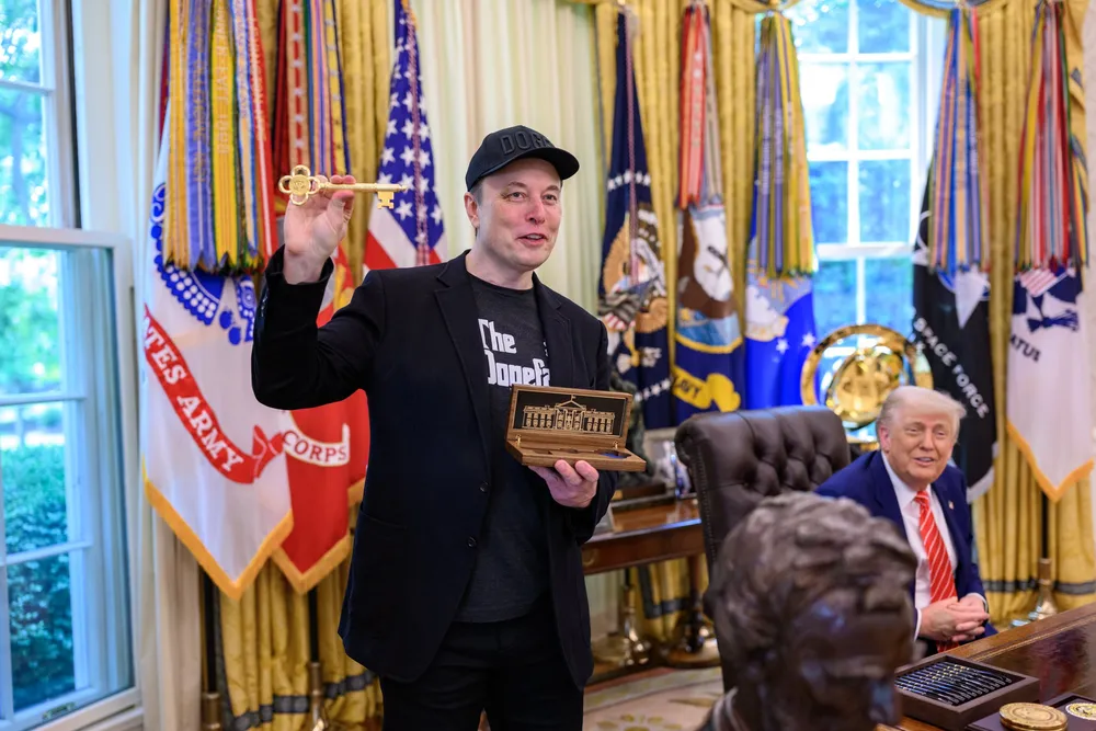 President Donald Trump at a press conference with departing DOGE adviser Elon Musk on 30 May.