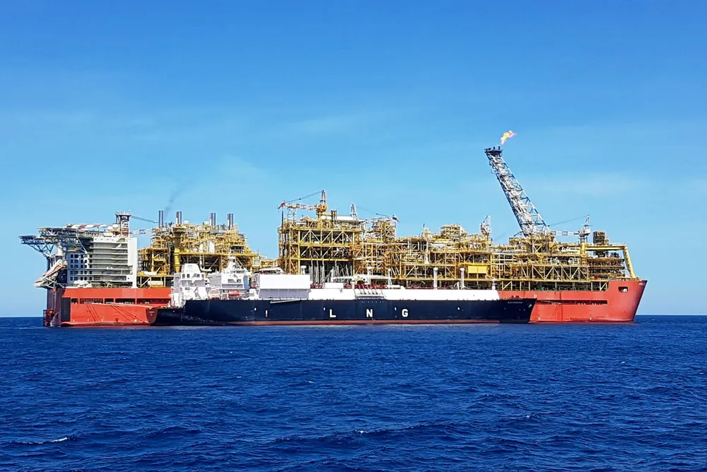 Offloading: the LNG carrier Flex Courageous receiving a cargo from Shell's Prelude FLNG unit offshore Australia.