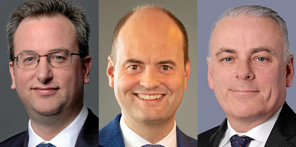 (From left) Andrew Taylor, chief executive of the UK P&I Club, Skuld chief executive Stale Hansen and Simon Williams, chief underwriting officer of Britannia P&I.