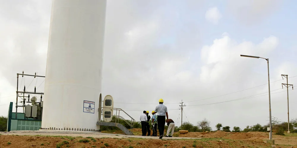 A Suzlon Energy Limited 90 metre-tall wind turbine tower in the remote desert region of Jamanwada Vayor, near the Naliya region of Kutch.