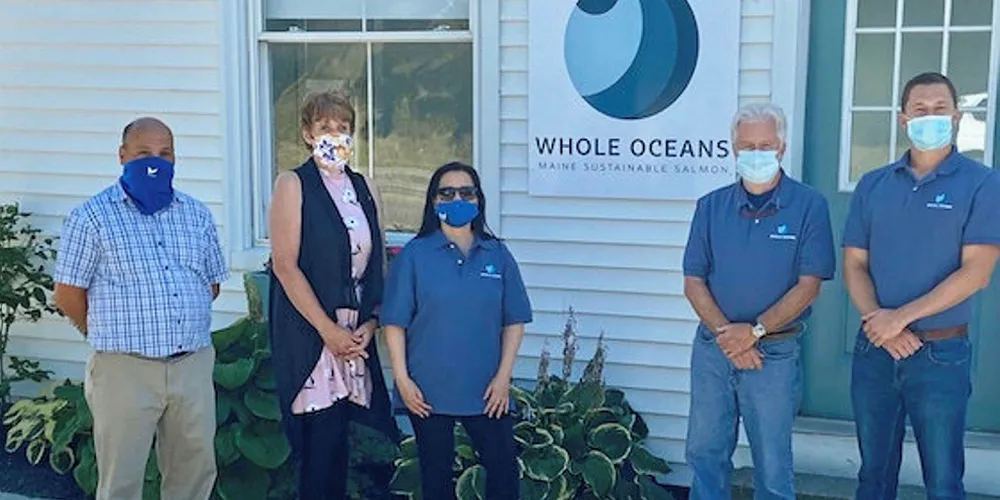 Whole Oceans Office Opening, Bucksport. From left to right: Rich Rotella, Community and Economic Development Director, Susan Lessard, Bucksport Town Manager, Orfa Cabrera, Senior Hatchery Manager, Michael Thompson, Senior Project Coordinator, and Kevin Tait, Finance Manager