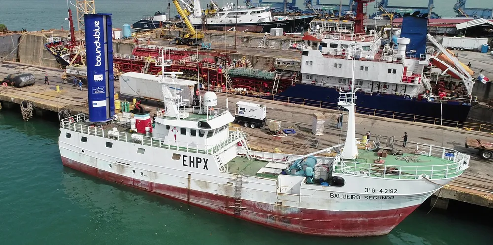 DCIM\101MEDIA\DJI_0037.JPG 342-gt Balueiro Segundo (built 1989). the first ever fishing vessel to have an auxillliary wind-assisted propulsion system fitted,.