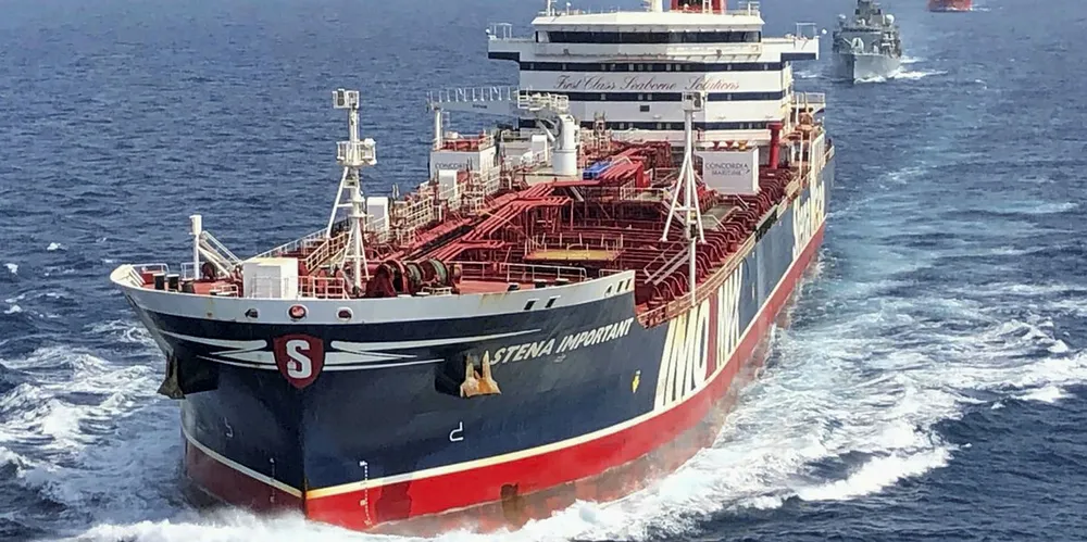 The Stena Important, being escorted through the Strait of Hormuz by The Royal Navy's HMS Montrose.