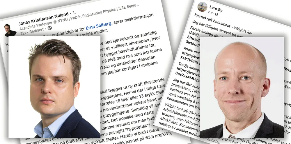 Førsteamanuensis Jonas Kristiansen Nøland (til v) ved NTNU er ikke enig i et regnestykke som Høyres Lars Øy har presentert.