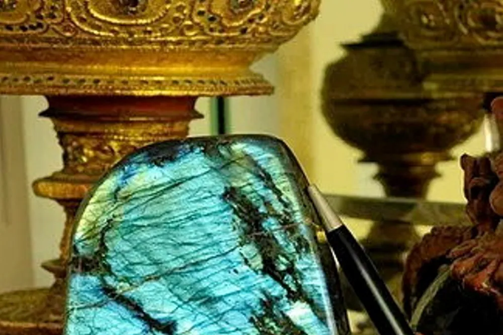 Northern lights: Polished labradorite from Madagascar, but named after Labrador in Canada where, says Georocks, Inuits believe it fell from the frozen fire of the aurora borealis