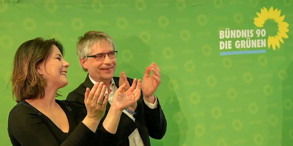 Co-leader of the Green party Annalena Baerbock and German Greens top candidate Sven Giegold after exit polls were announced during the election evening on May 26, 2019 in Berlin following the European parliament election.