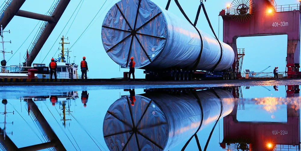China State Construction company installing an offshore wind tower from Nanjing Habor 2019