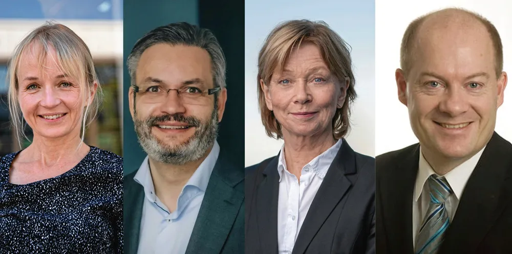 Her er fire av de ti ekspertene som skal sitte i strømprisutvalget. Fra venstre: Jannicke Hilland (Telenor), Håkon Taule (Thema), Kristin Bjella (Advokatfirmaet Hjort) og Inge Røinaas Gran (Sintef Energi).