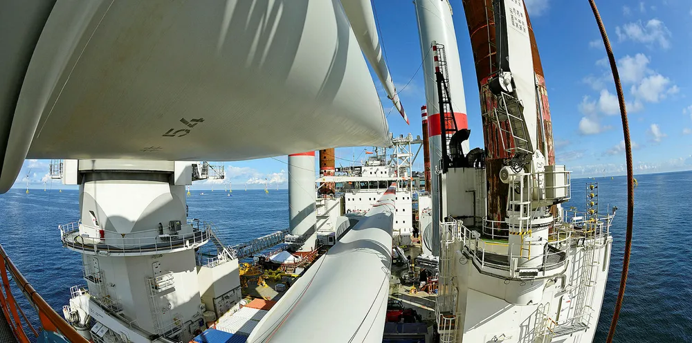 View of Wikinger wind farm off Germany during construction