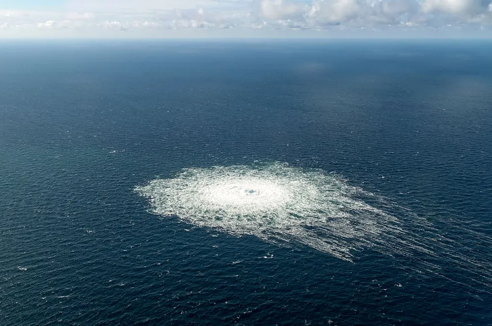 A gas leak at the Nord Stream 2 gas pipeline folowing the explosions off the Danish Baltic island of Bornholm, south of Dueodde.