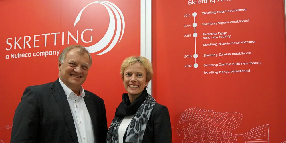 Marit Husa, group communications manager at Skretting Group, poses for a photo with Hans Vink, manager at Skretting Africa, at the WAS conference and show in Cape Town in June 2017.