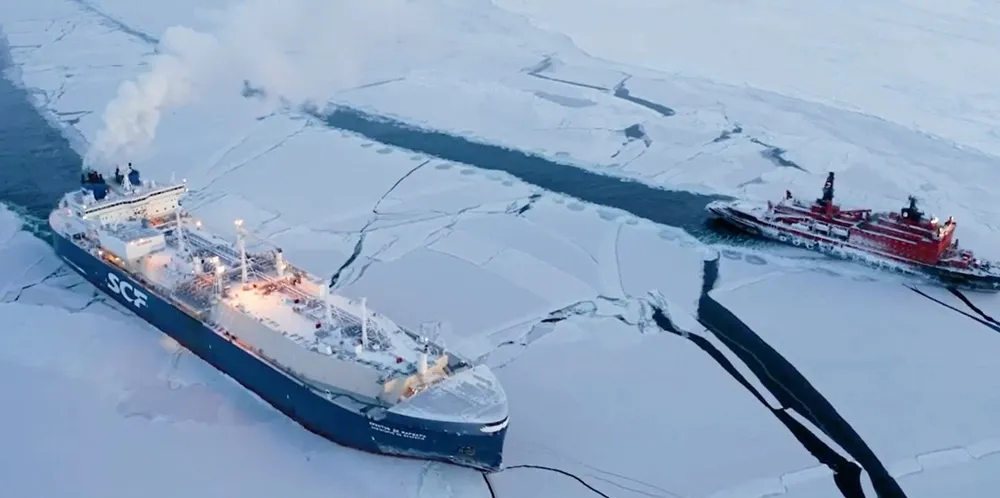 Sovcomflot's Arc7 LNG carrier Christophe de Margerie is accompanied by the Russian nuclear ice-breaker 50 Let Pobedy as it navigates the Northern Sea Route in February 2021.