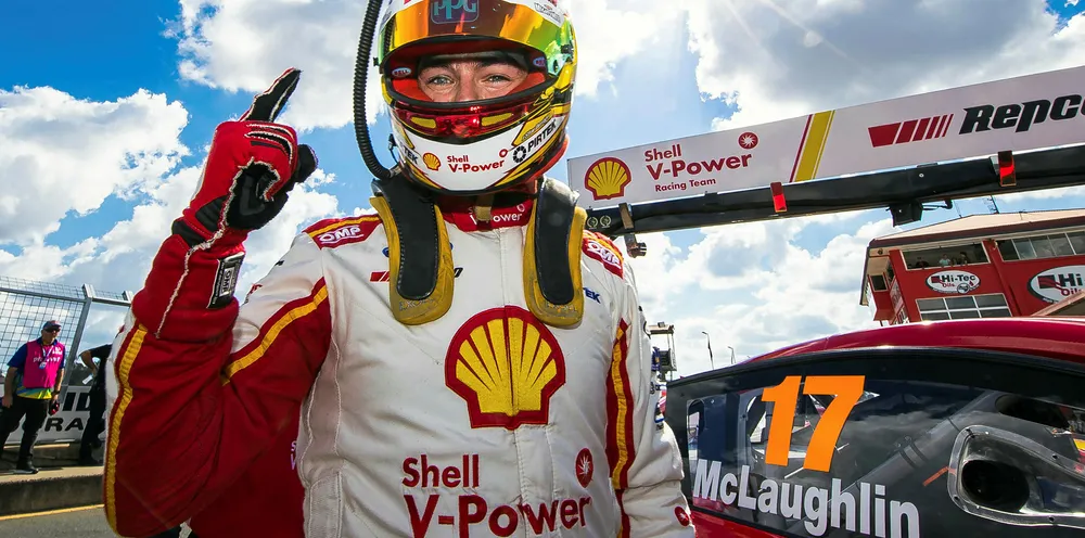 Scott McLaughlin driver of the #17 Shell V-Power Racing Team Ford Mustang celebrates after taking pole position for race 20 during the Ipswich SuperSprint on July 28, 2019 in Ipswich, Australia. (Photo by Daniel Kalisz/Getty Images)