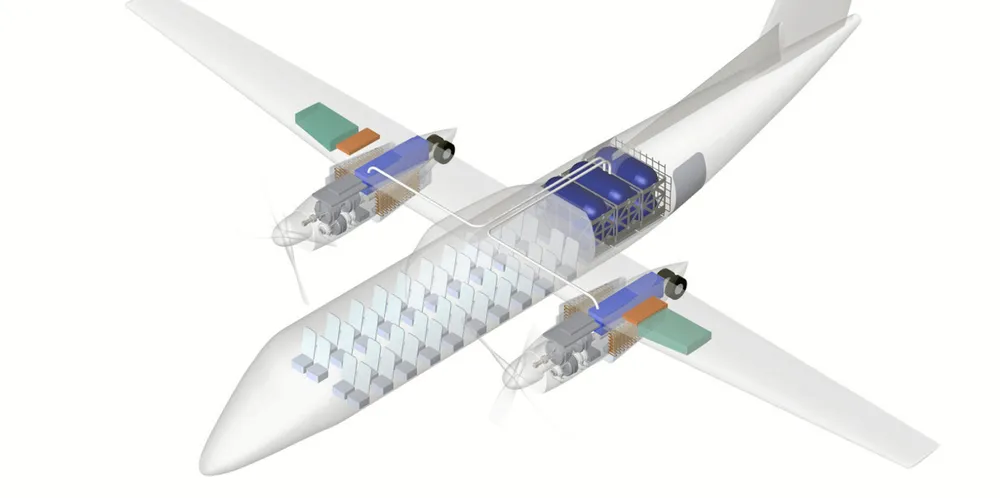 Image displaying Universal Hydrogen's conversion kit and 'capsules' in a propeller-driven plane.