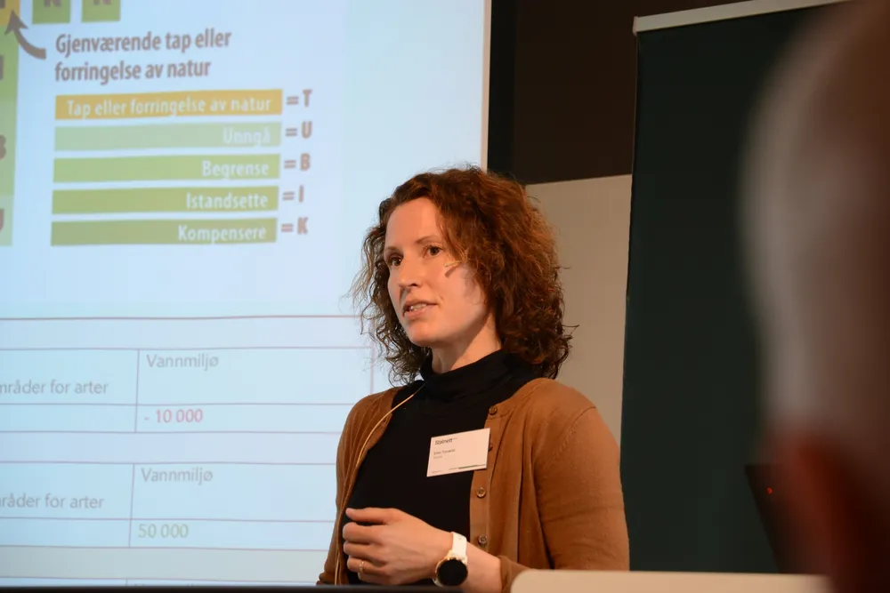 Seniorrådgiver i Statnett, Ellen Torsæter, holdt foredrag på Statnetts innovasjonskonferanse om metodikken de har utviklet for naturregnskap.