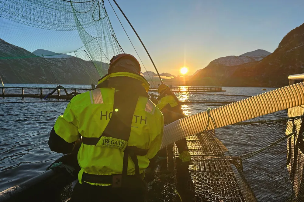 Arbeidere på merdkanten på Skjortneset, som var én av tre lokaliteter hvor det ble gjennomført tilsyn under systemrevisjonen. Bildet er tatt ved en annen anledning.