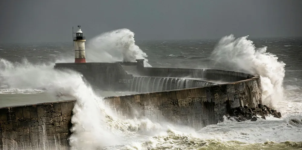 Waves crash against the harbour wall during Storm Francis, on August 25, 2020 in Newhaven, England.
