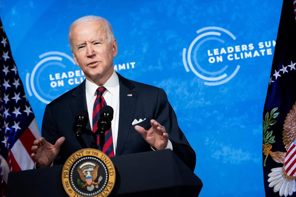 Climate talk: US President Joe Biden speaks during a climate change virtual summit from the East Room of the White House campus