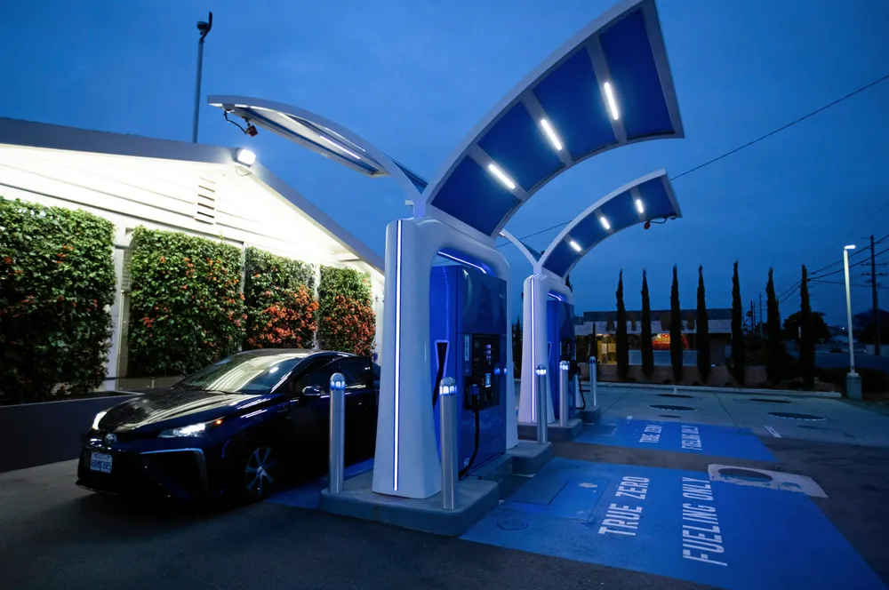 A Toyota Mirai fuel-cell car at a True Zero hydrogen refuelling station in California.