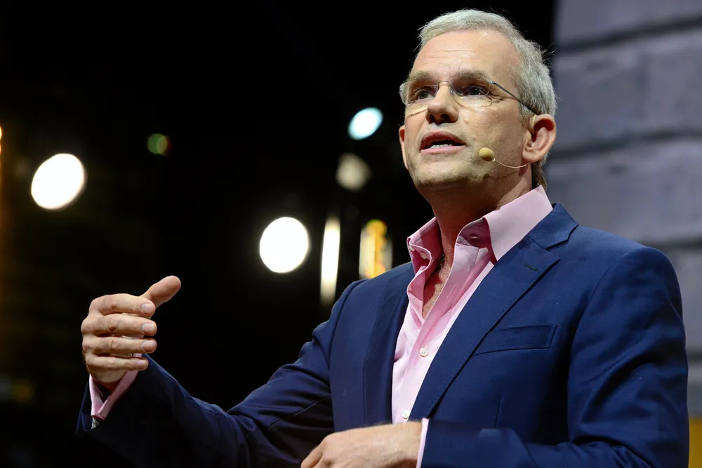 FFI's new CEO Mark Hutchinson speaking at a conference in Paris in 2016, when he was CEO of GE Europe.