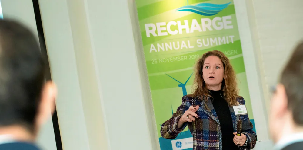 Christina Aabo, Head of R&D for Orsted, addresses the Recharge Summit in Copenhagen.