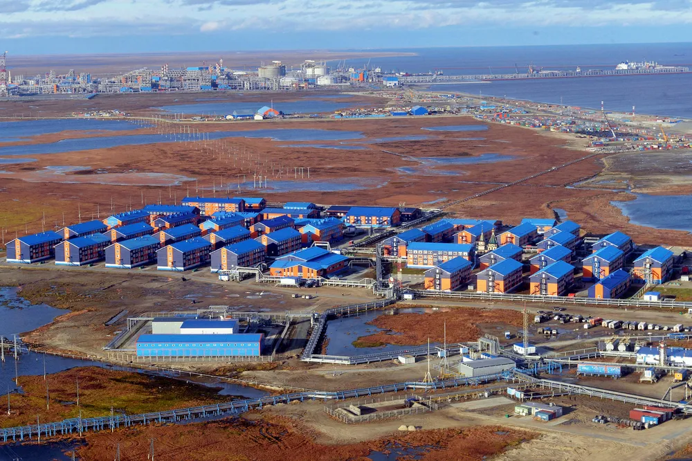 Isolation: dormitories in the town of Sabetta in Russia that host workers of Yamal LNG plant seen in the background