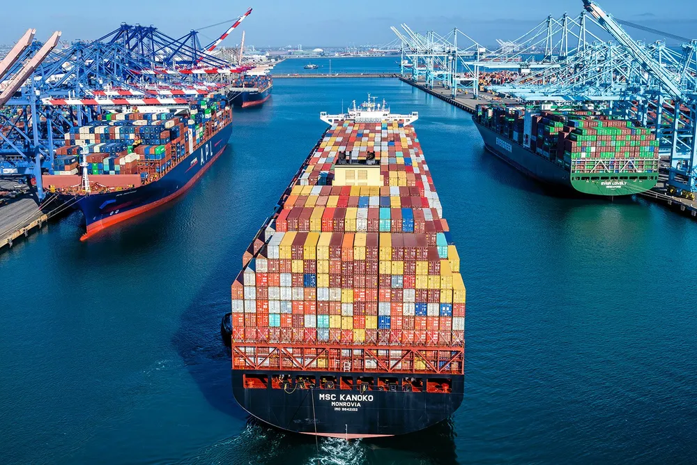 Boxships call at the port of Los Angeles, the busiest container port in the US by volume.