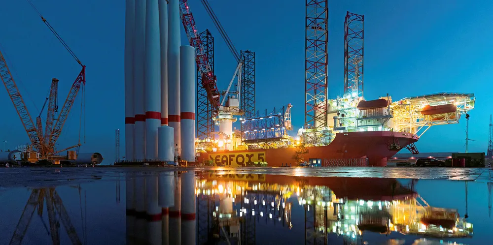 Seafox 5 at the Dutch port of Eemshaven with GE Haliade components for Merkur wind farm.