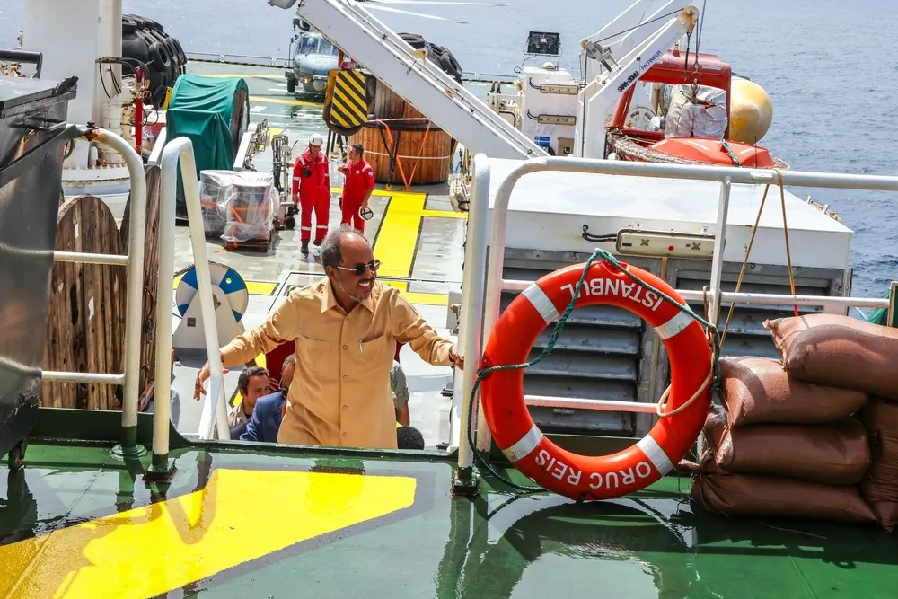 Somalia President Hassan Sheikh Mohamud aboard the Oruc Reis seismic vessel before it departed Mogadishu on 15 June 2025.